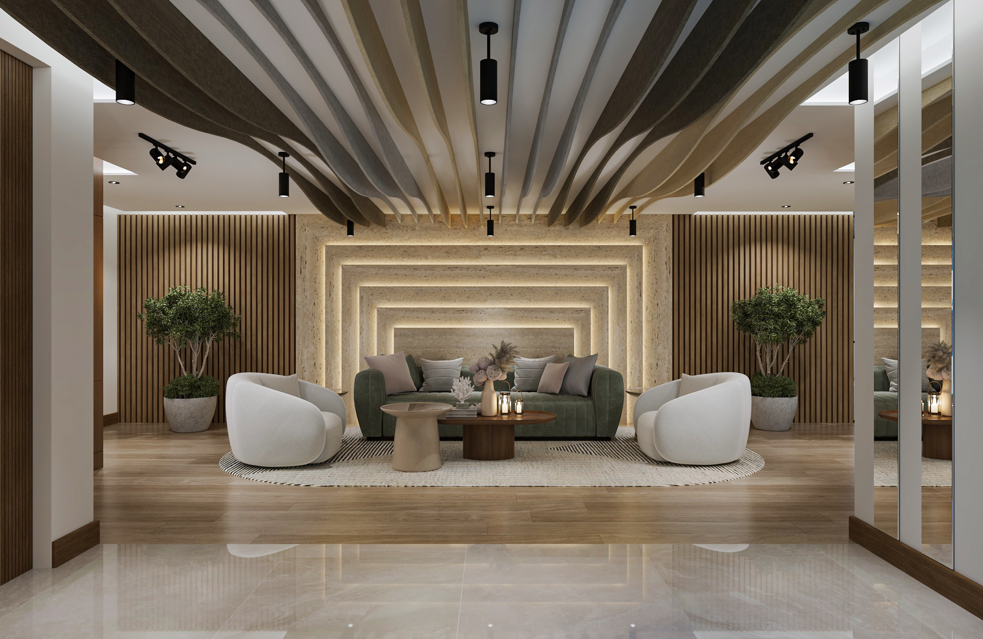 Elegant lounge design with comfortable furniture and warm aesthetic lighting